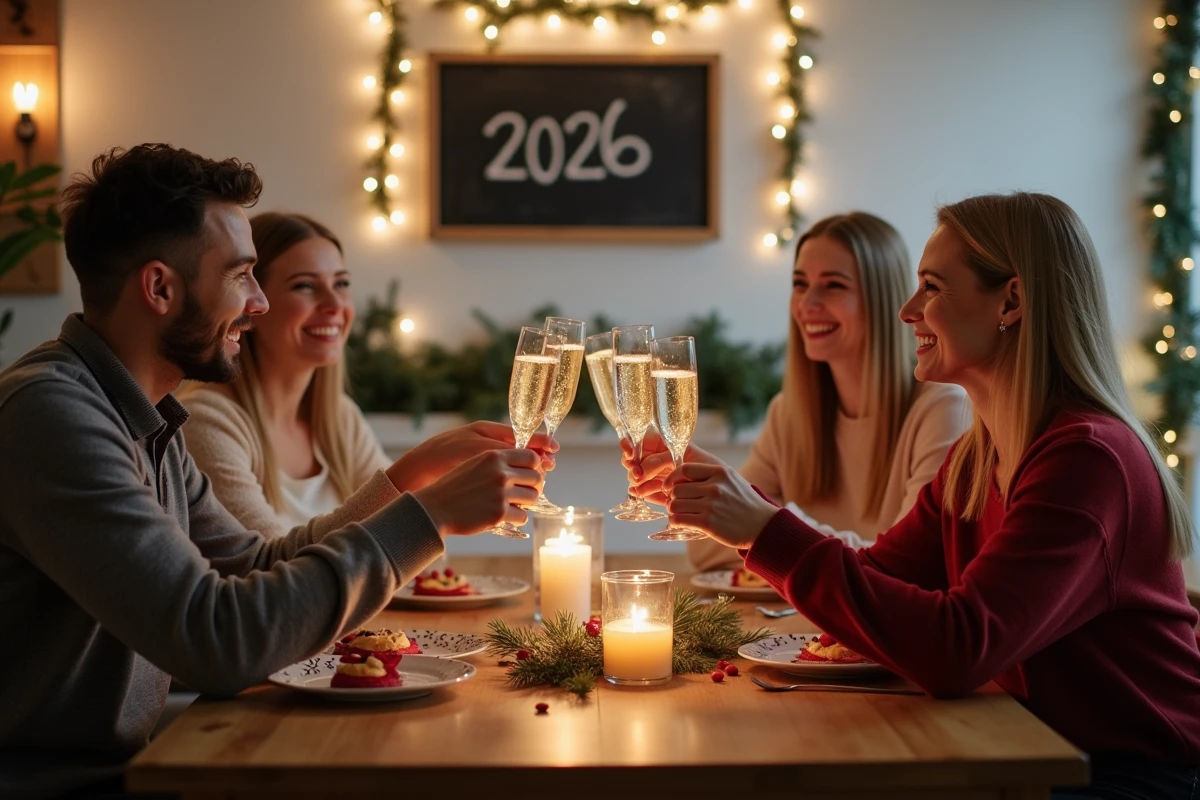 Groupe d'amis portant un toast pour le Nouvel An 2026 autour d'une table festive avec décoration chaleureuse