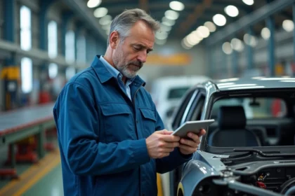 Ingénieur automobile en usine examine un tableau