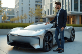 Jeune ingénieur devant une voiture concept 2025