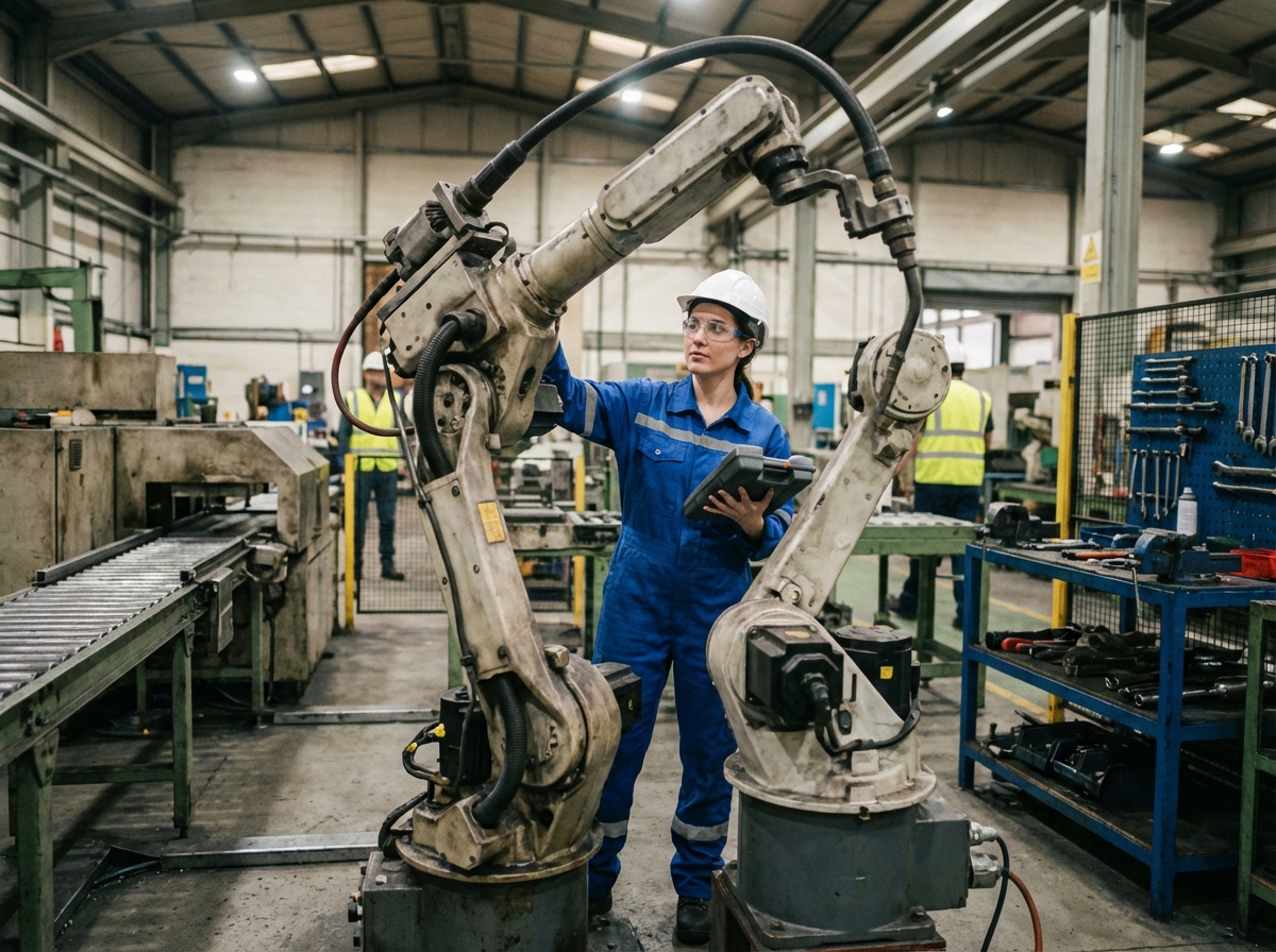 Ingénieure opérant un bras robotique en usine