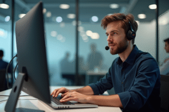 Interprète jeune homme en bureau avec casque et ordinateur
