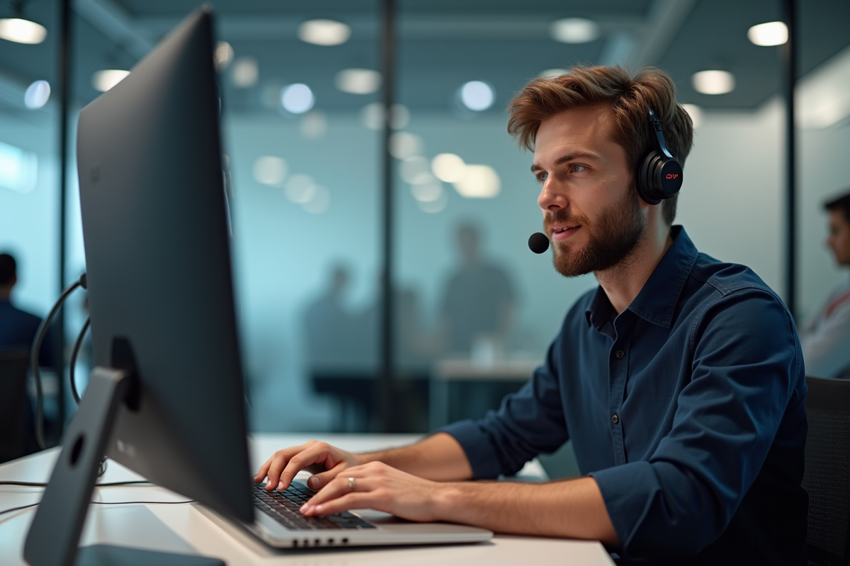 Interprète jeune homme en bureau avec casque et ordinateur