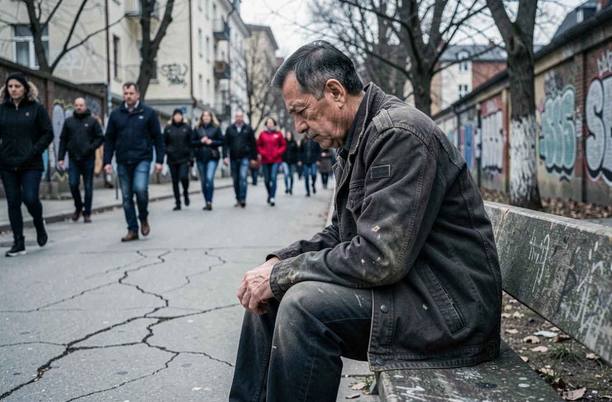 Homme isolé sur un banc urbain entouré d'inconnus indifférents, symbolisant la solitude et l'indifférence humaine dans la société moderne
