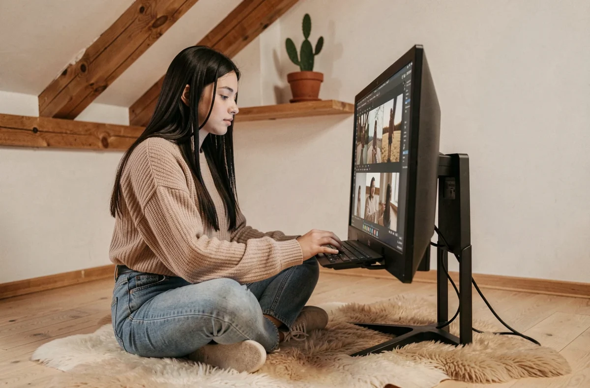 Jade Riffault retouchant ses photographies dans un studio minimaliste et chaleureux du Val-d'Oise