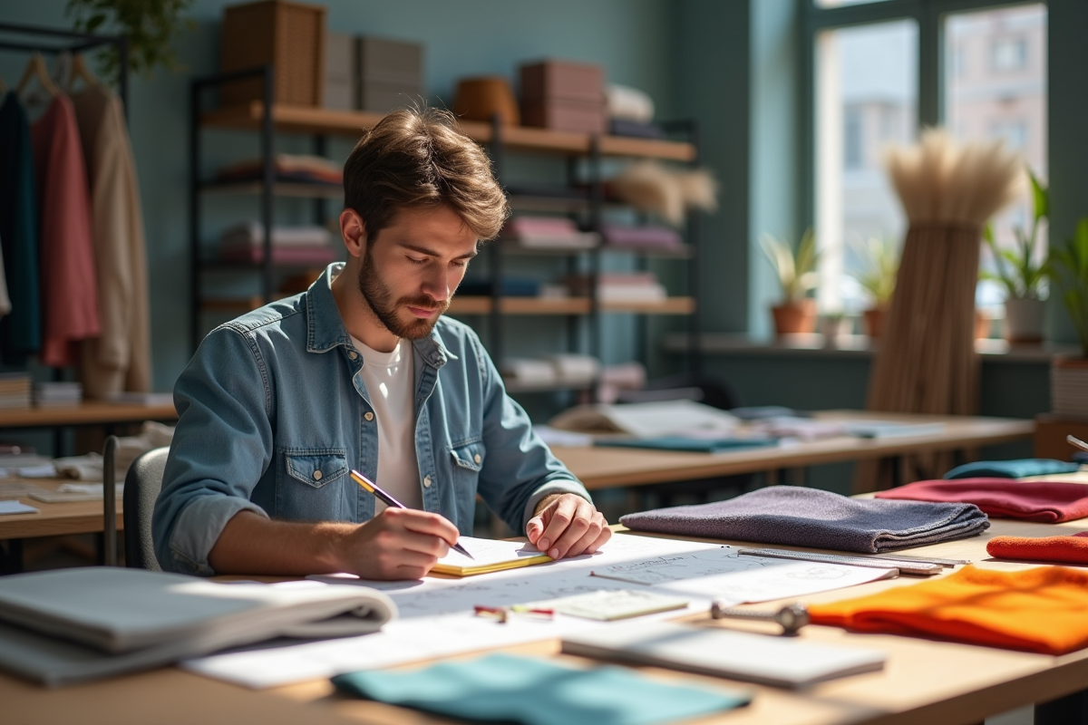 Jeune designer textile étudiant des échantillons de tissu