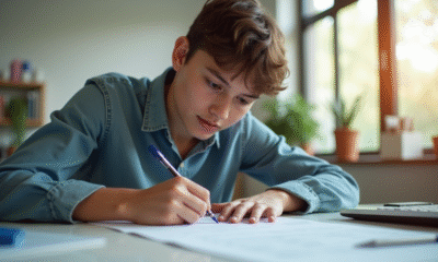 Jeune étudiant remplissant un formulaire d'inscription électorale dans un bureau lumineux