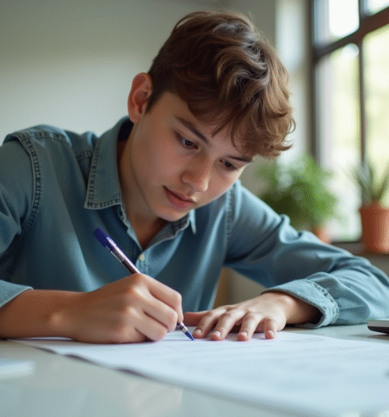 Jeune étudiant remplissant un formulaire d'inscription électorale dans un bureau lumineux