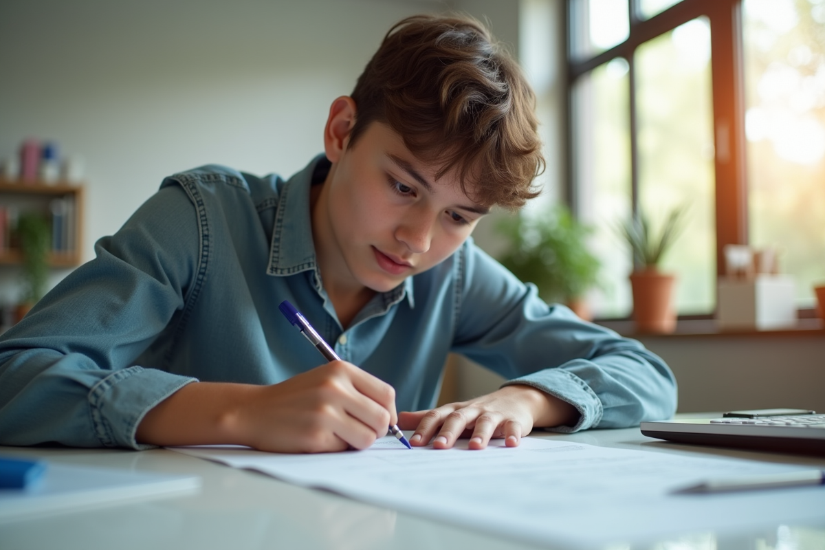 Jeune étudiant remplissant un formulaire d'inscription électorale dans un bureau lumineux