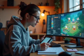 Jeune femme concentrée devant son ordinateur gaming dans un bureau moderne