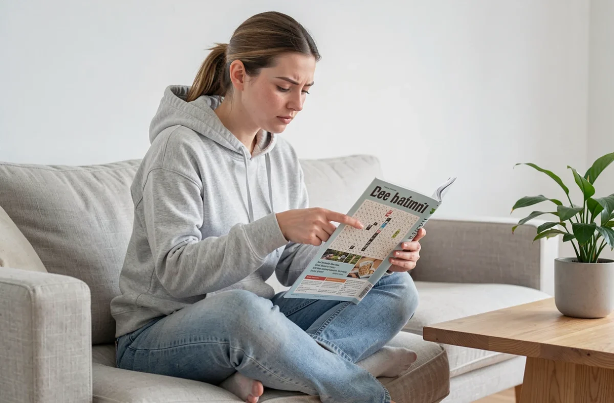 Jeune femme sur un canapé pointant un indice dans un magazine de mots fléchés sur le thème des adresses postales
