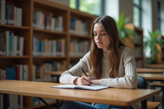 Jeune femme écrivant dans un carnet à la bibliothèque