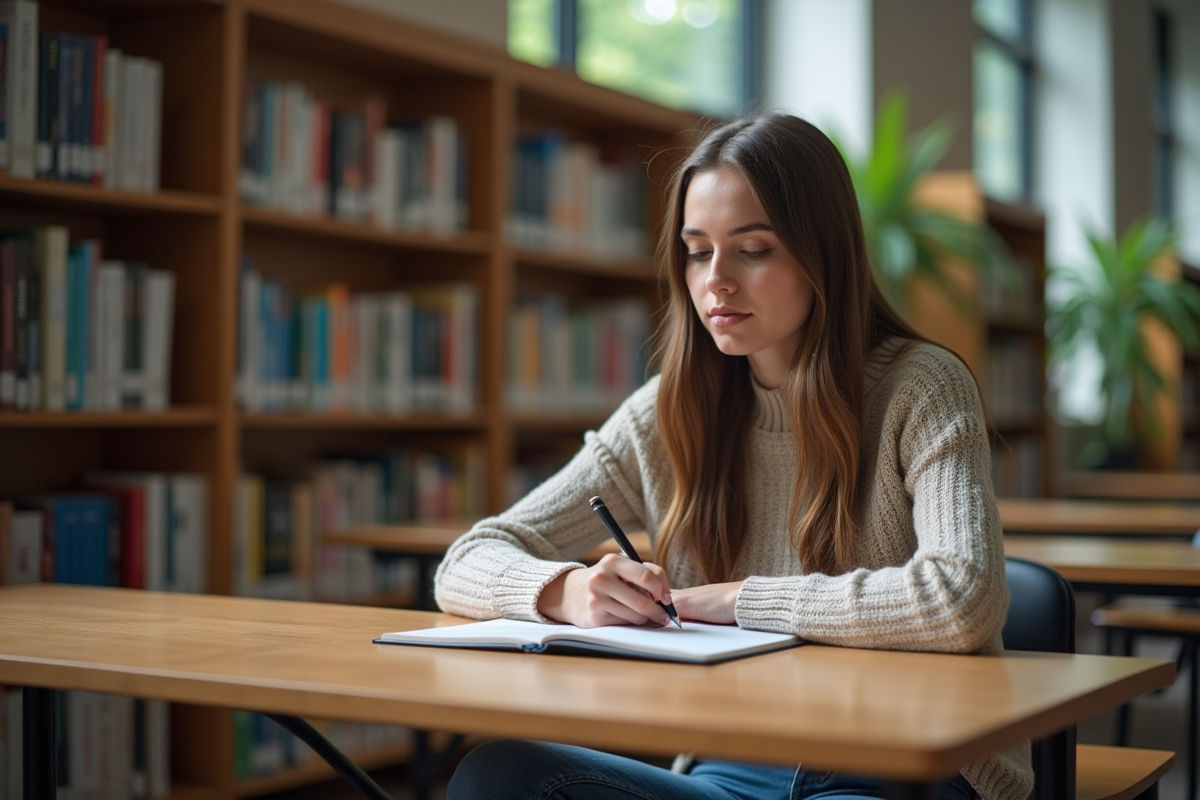 Jeune femme écrivant dans un carnet à la bibliothèque