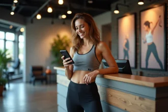 Jeune femme souriante avec carte de fitness dans une salle de sport