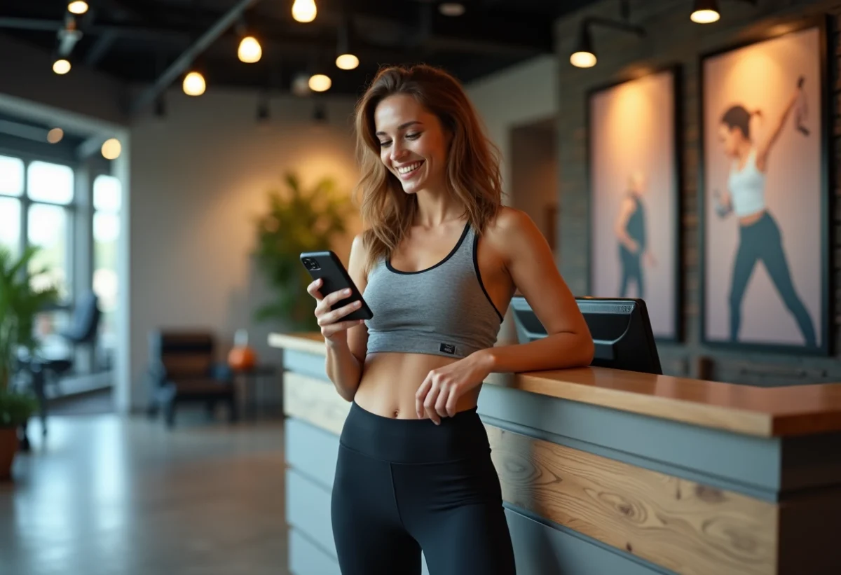 Jeune femme souriante avec carte de fitness dans une salle de sport