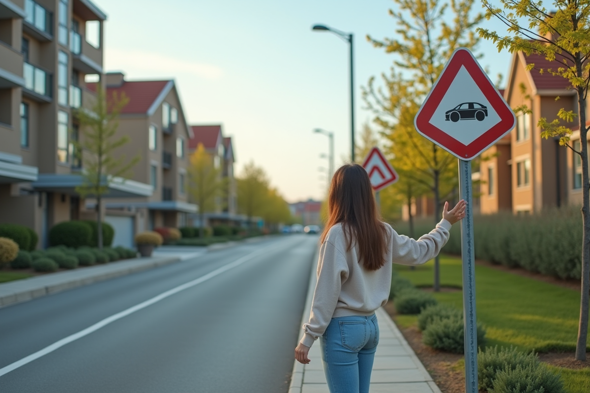 Jeune femme indiquant les zones résidentielles en extérieur