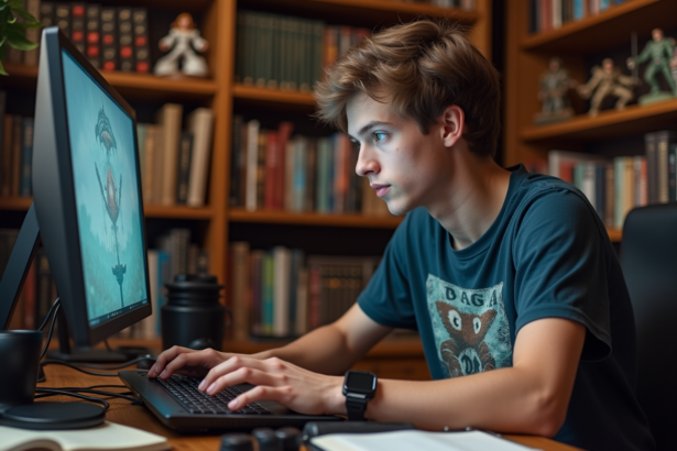 Jeune homme concentré sur son laptop dans une salle gaming