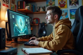 Jeune homme concentré sur son ordinateur dans une chambre gaming