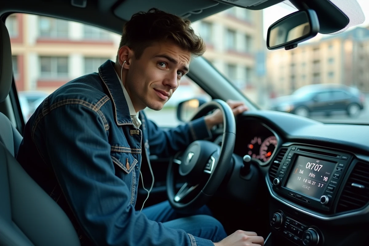 Jeune homme cherchant la fréquence Skyrock sur l'autoradio de sa voiture dans un parking urbain