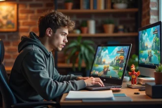 Jeune homme concentré jouant à Dofus Pourpre à son bureau