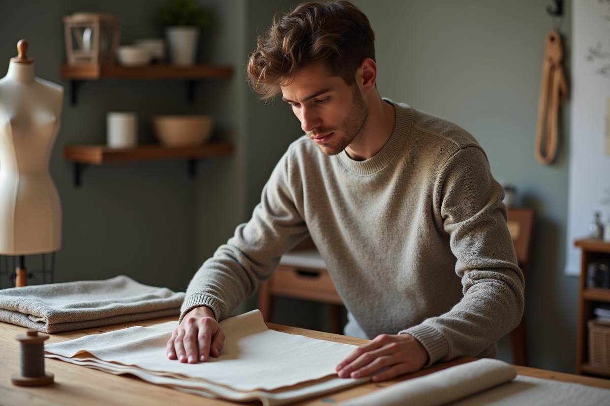 Jeune homme inspecte des tissus à la maison