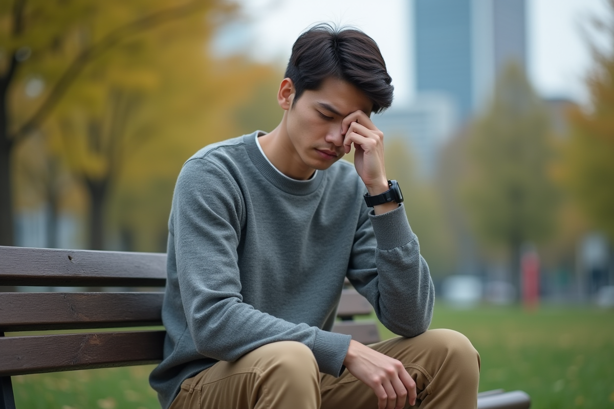 Jeune homme fatigué assis sur un banc dans un parc