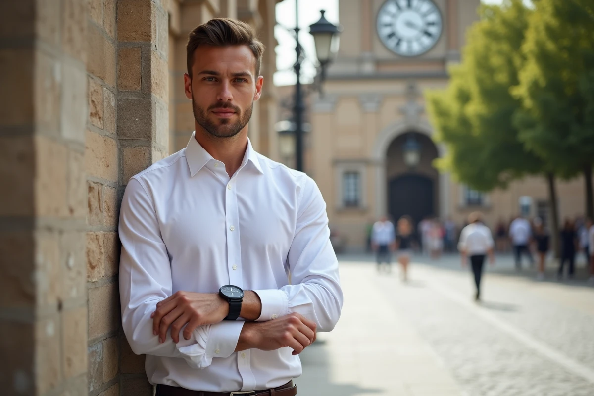 Jeune homme vérifiant une montre devant une horloge ancienne