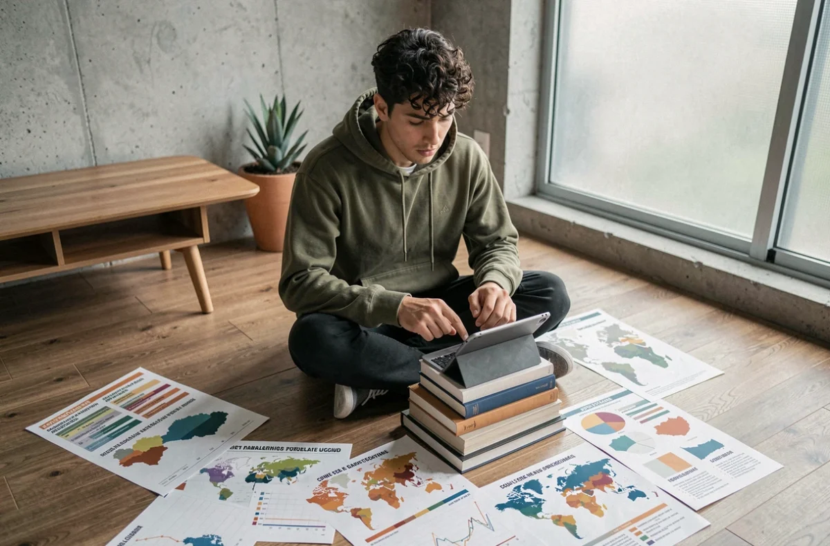 Jeune homme consultant des infographies sur la superficie des pays du monde assis sur le sol