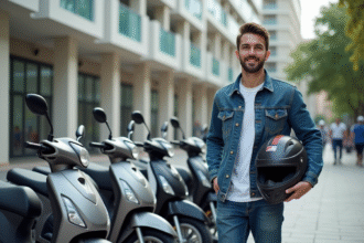 Jeune homme avec casque et motos en ville