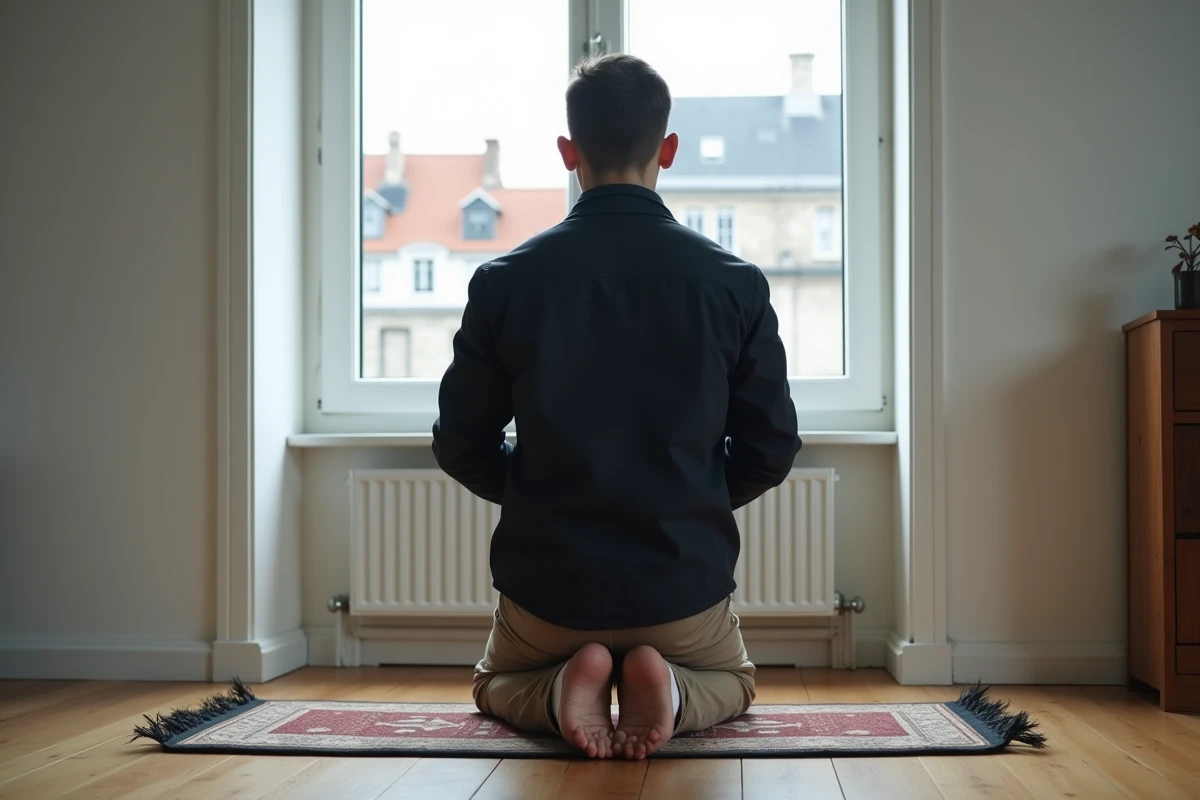 Jeune musulman priant dans un appartement moderne à Reims