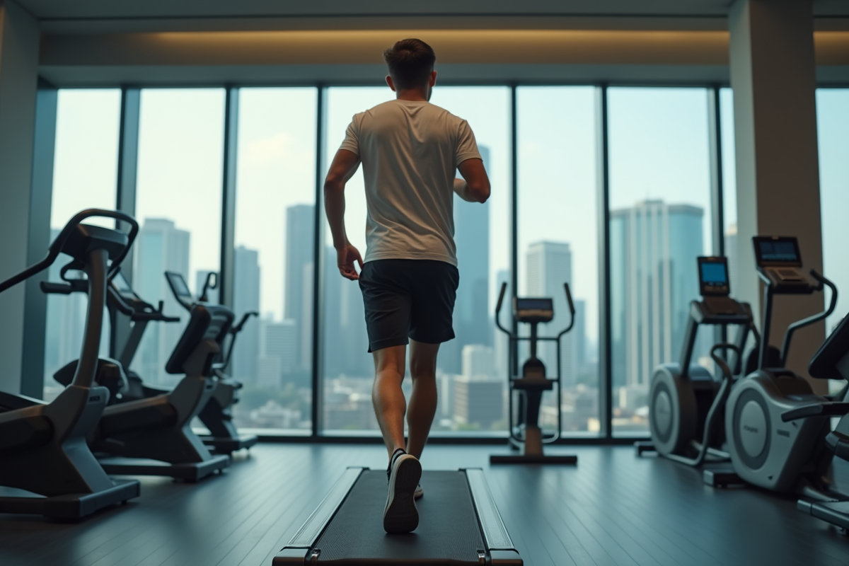 Jeune homme courant sur un tapis de course en salle de sport