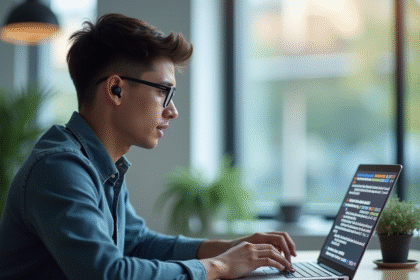 Jeune professionnel utilisant un ordinateur portable et écouteurs sans fil avec traduction ChatGPT