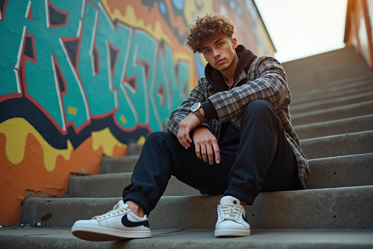 Jeune rappeur urbain en streetwear dans un décor graffiti