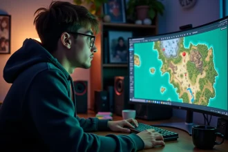 Joueur concentré devant un écran affichant une carte de quête RPG fantasy pour trouver le Dofus pourpre