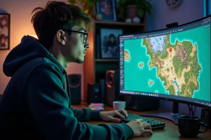 Joueur concentré devant un écran affichant une carte de quête RPG fantasy pour trouver le Dofus pourpre