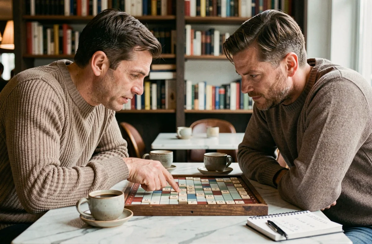 Deux joueurs de Scrabble en compétition dans un café analysant le plateau pour trouver les mots acceptés les plus rentables