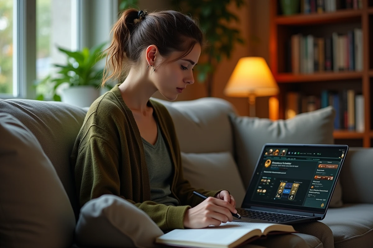 Joueuse prenant des notes sur une quête complexe du Dofus pourpre sur son ordinateur portable