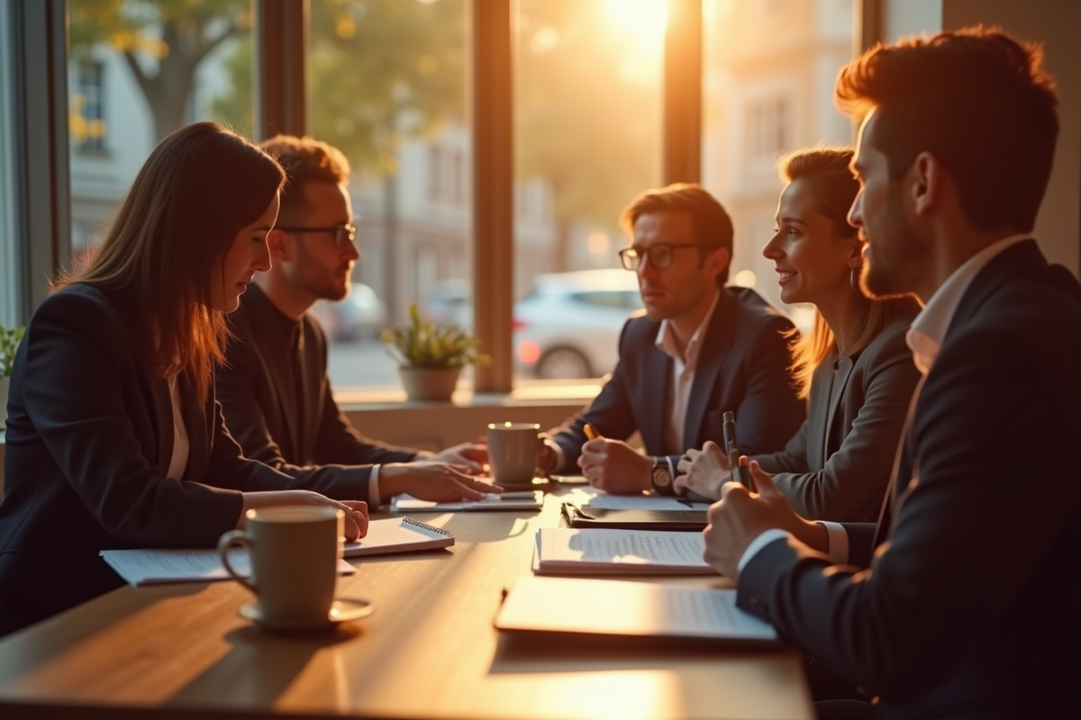 Groupe de journalistes discutant dans un café ensoleille