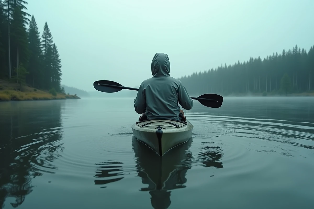 Homme en kayak transparent pagayant sur un lac sous la pluie entouré de forêt