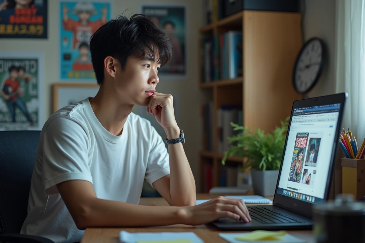Jeune homme consultant un site de scans de manga sur son ordinateur portable dans un bureau à domicile, représentant un lecteur de Phénix Scans en train d'évaluer le service