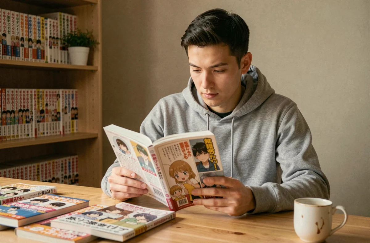 Jeune homme lisant un tome de manga One Piece assis à son bureau dans une chambre cosy remplie de volumes manga