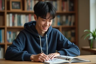 Jeune homme lisant un manga One Piece en version française à son bureau avec des étagères de mangas en arrière-plan
