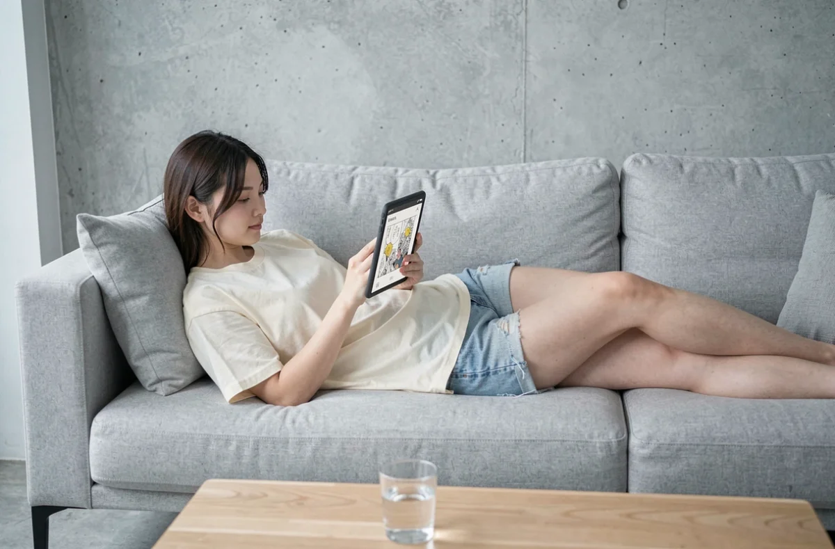 Jeune femme lisant One Piece sur une tablette allongée sur un canapé dans un salon moderne minimaliste