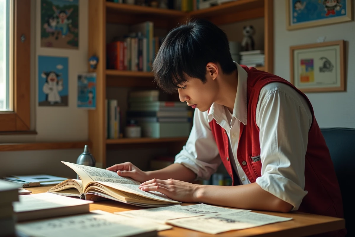 Jeune homme lisant un scan manga One Piece à son bureau encombré de volumes et de figurines