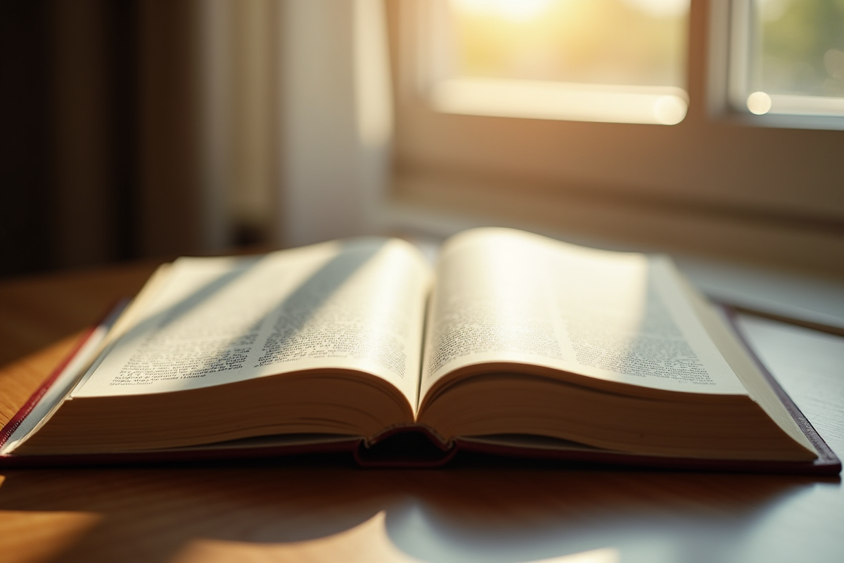 Livre de droit ouvert sur un bureau ensoleille