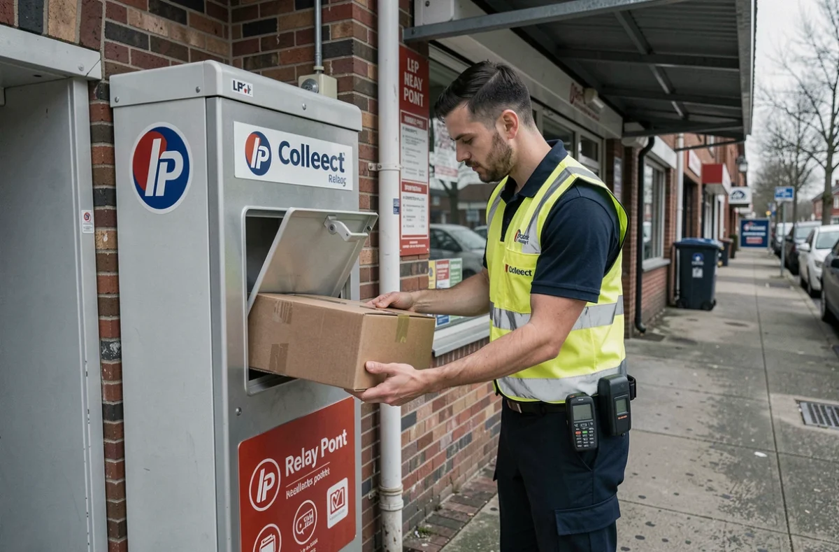 Livreur déposant un colis dans un point relais LP Collect à l'extérieur d'une boutique urbaine