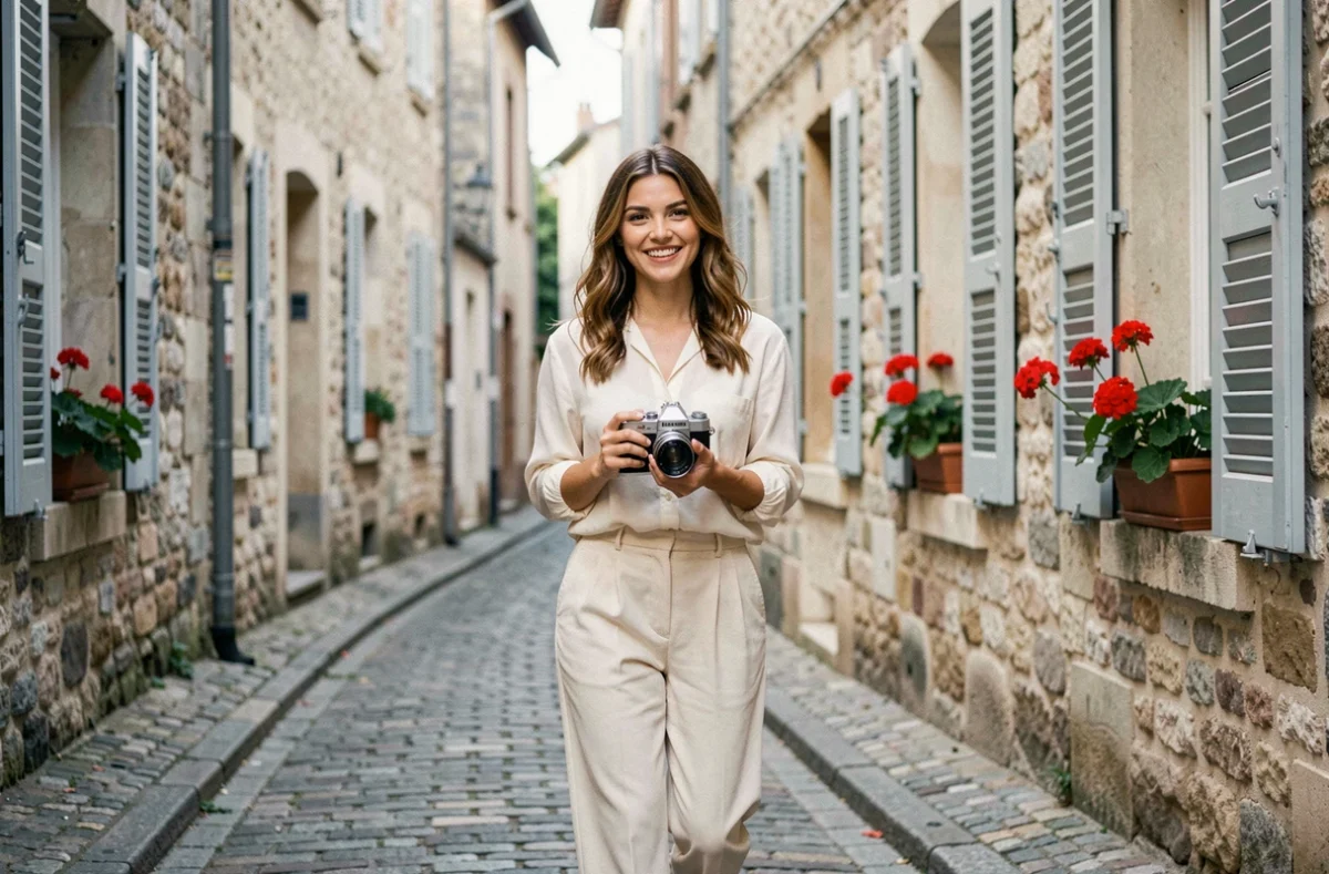 Lou Boury, photographe, marchant dans une rue pavée d'un village du Val-d'Oise avec un appareil photo argentique