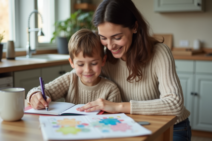 Maman aidant son enfant à faire ses devoirs à la maison