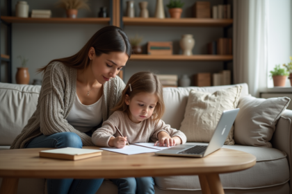 Maman et fille faisant leurs devoirs dans un salon chaleureux