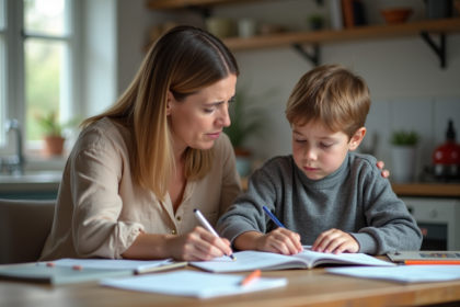Maman et son fils de 10 ans discutent en soutien scolaire