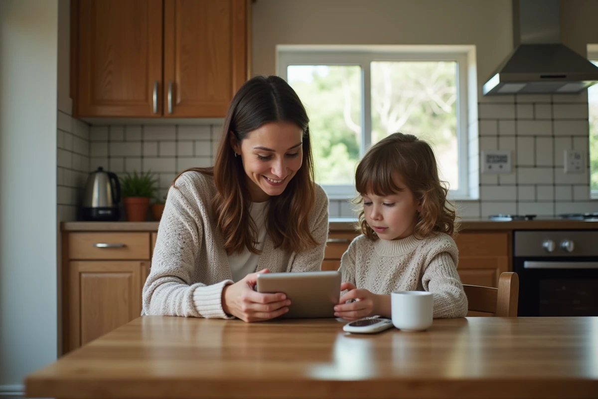 Maman aidant sa fille à configurer la messagerie sur une tablette